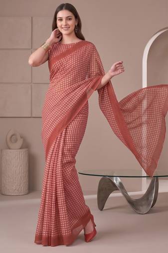 Brick red linen check print bollywood digital print saree