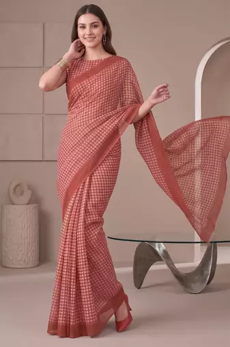 Brick red linen check print bollywood digital print saree