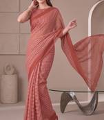 Brick red linen check print bollywood digital print saree