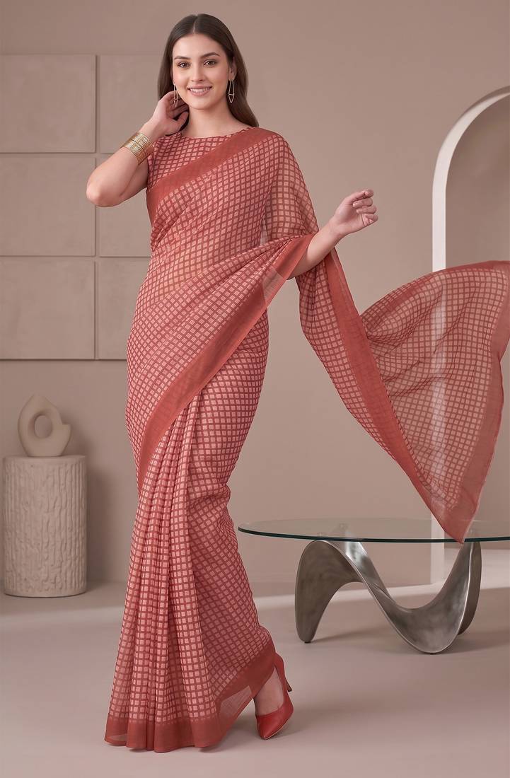 Brick red linen check print bollywood digital print saree