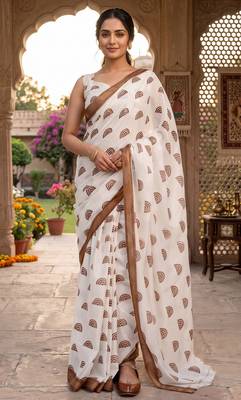 off white chanderi block printed ready to wear saree 2