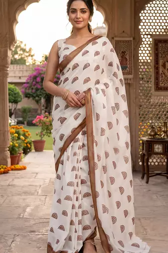 off white chanderi block printed ready to wear saree