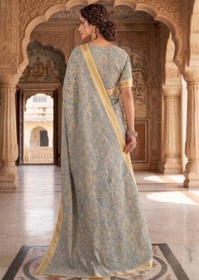 blue & cream chanderi graphic printed ready to wear saree 4