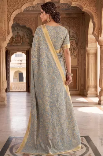blue & cream chanderi graphic printed ready to wear saree
