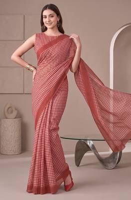 Brick red linen check print bollywood digital print saree 2