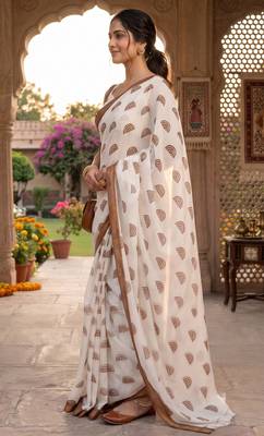 off white chanderi block printed ready to wear saree 3