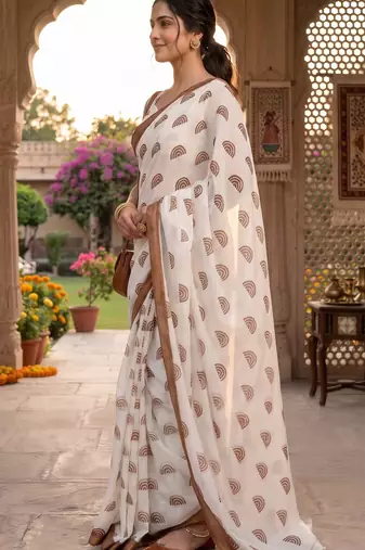 off white chanderi block printed ready to wear saree