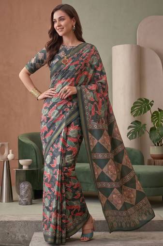 multicolor linen geometric bollywood digital print saree