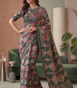 multicolor linen geometric bollywood digital print saree