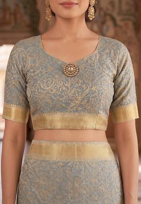 blue & cream chanderi graphic printed ready to wear saree 5