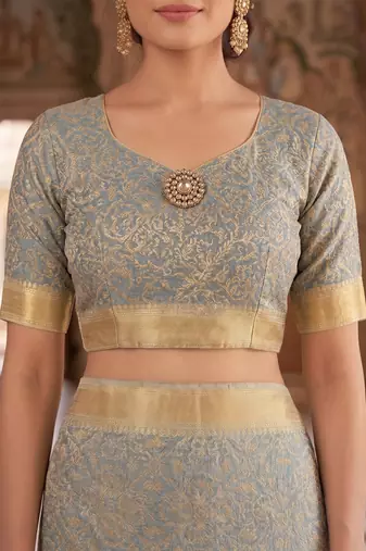 blue & cream chanderi graphic printed ready to wear saree