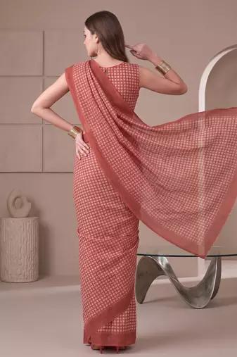 Brick red linen check print bollywood digital print saree