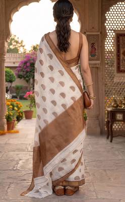 off white chanderi block printed ready to wear saree 4