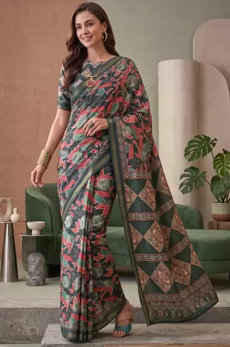 multicolor linen geometric bollywood digital print saree
