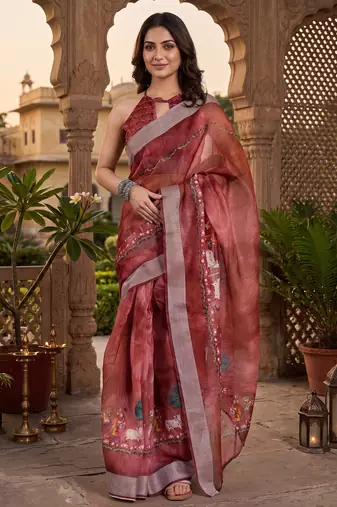 red chanderi pichwai style printed ready to wear saree