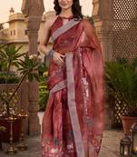red chanderi pichwai style printed ready to wear saree