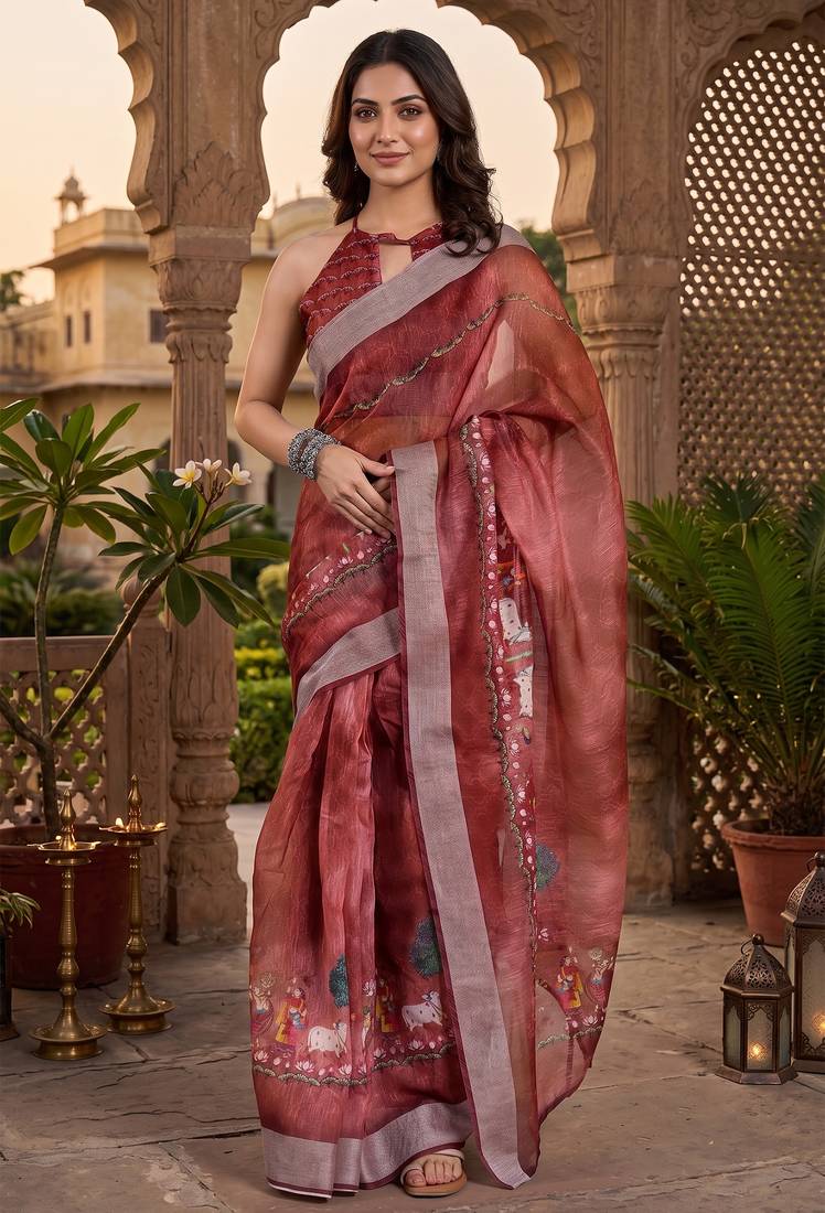 red chanderi pichwai style printed ready to wear saree