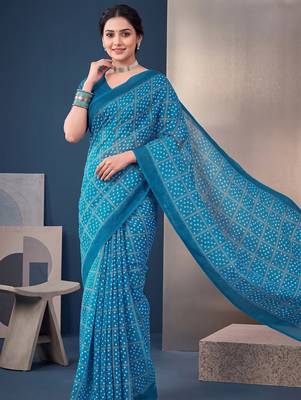Blue linen bandhani bollywood digital print saree 1