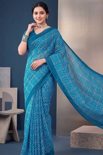 Blue linen bandhani bollywood digital print saree
