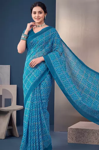 Blue linen bandhani bollywood digital print saree