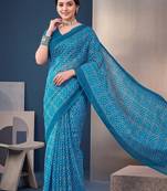 Blue linen bandhani bollywood digital print saree