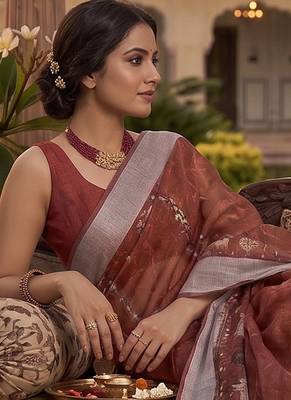 red chanderi pichwai style printed ready to wear saree 2