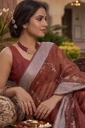 red chanderi pichwai style printed ready to wear saree