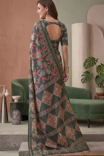 multicolor linen geometric bollywood digital print saree