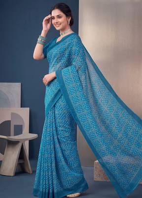 Blue linen bandhani bollywood digital print saree 2