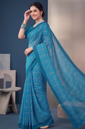 Blue linen bandhani bollywood digital print saree