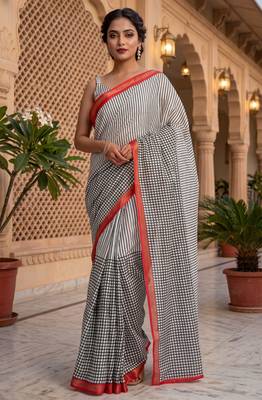 black & white chanderi striped printed ready to wear saree 1