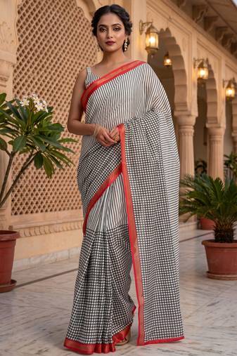 black & white chanderi striped printed ready to wear saree