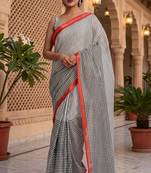 black & white chanderi striped printed ready to wear saree