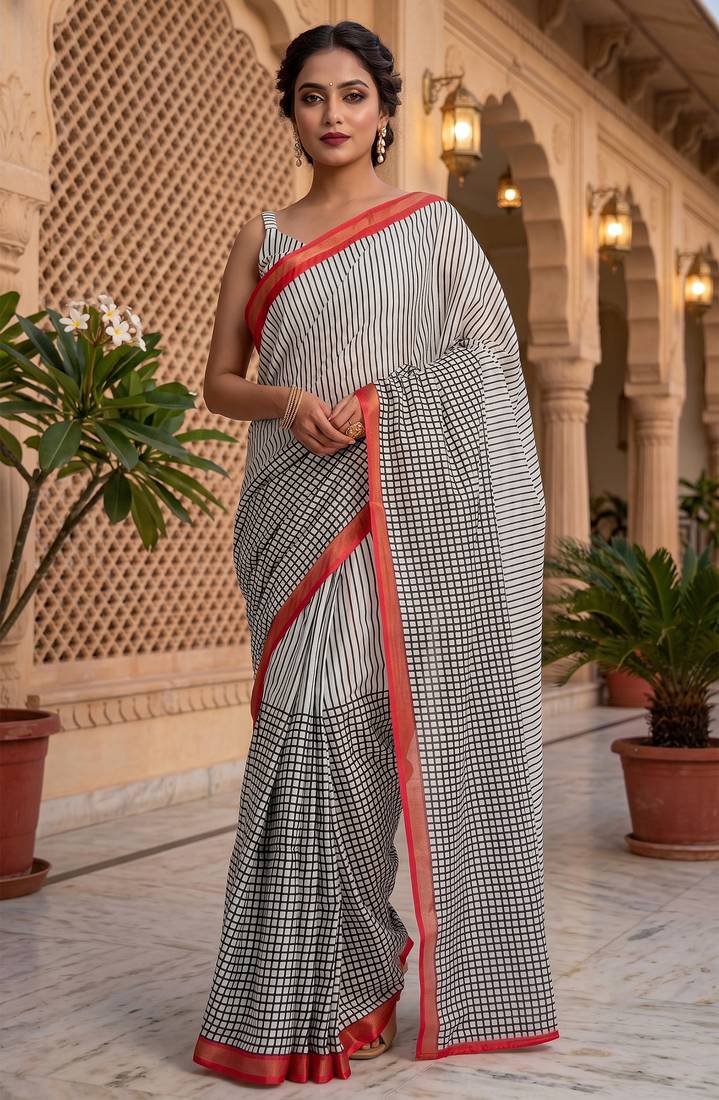 black & white chanderi striped printed ready to wear saree