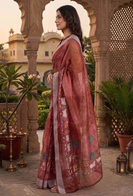 red chanderi pichwai style printed ready to wear saree 3