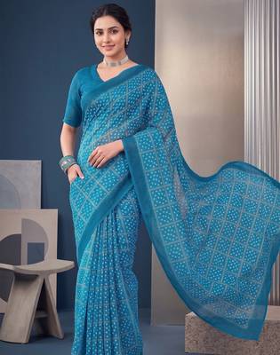 Blue linen bandhani bollywood digital print saree 3