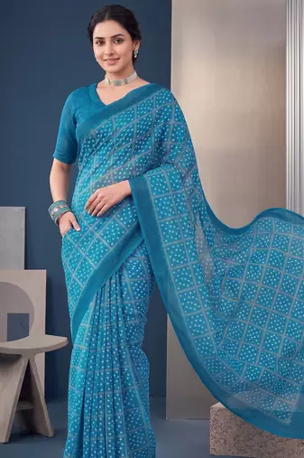 Blue linen bandhani bollywood digital print saree
