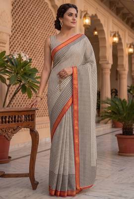black & white chanderi striped printed ready to wear saree 2