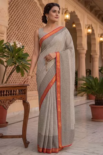 black & white chanderi striped printed ready to wear saree