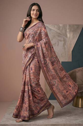multicolor linen geometric bollywood digital print saree