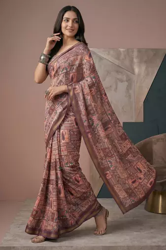 multicolor linen geometric bollywood digital print saree