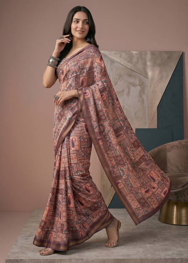 multicolor linen geometric bollywood digital print saree