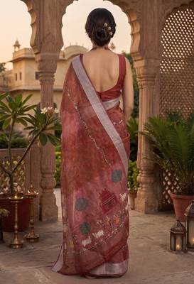 red chanderi pichwai style printed ready to wear saree 4