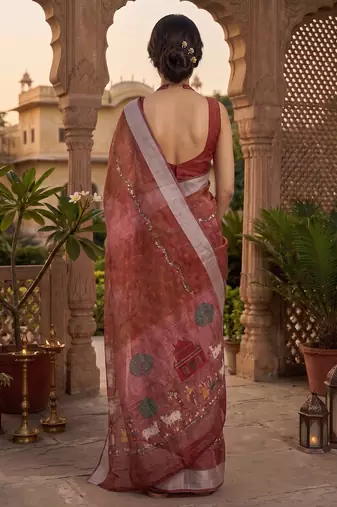 red chanderi pichwai style printed ready to wear saree