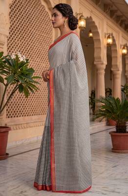 black & white chanderi striped printed ready to wear saree 3