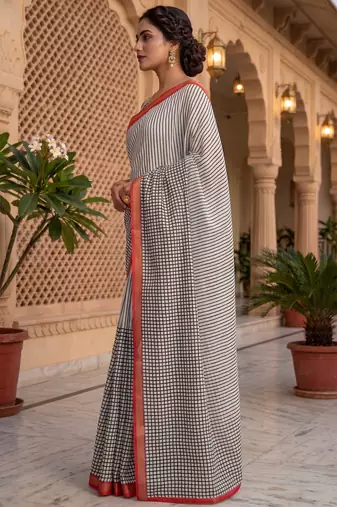 black & white chanderi striped printed ready to wear saree