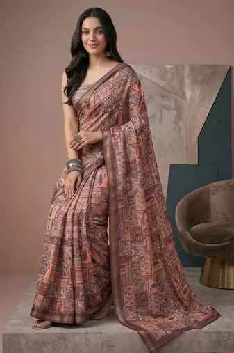 multicolor linen geometric bollywood digital print saree