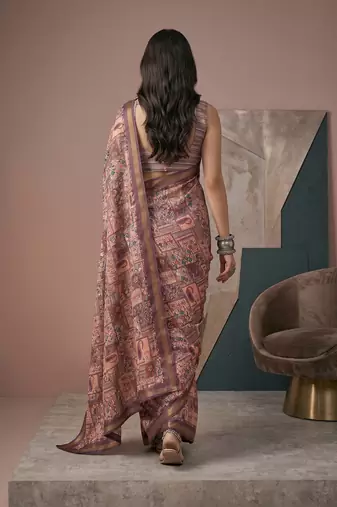 multicolor linen geometric bollywood digital print saree