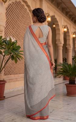 black & white chanderi striped printed ready to wear saree 4