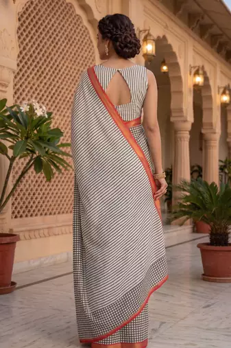 black & white chanderi striped printed ready to wear saree